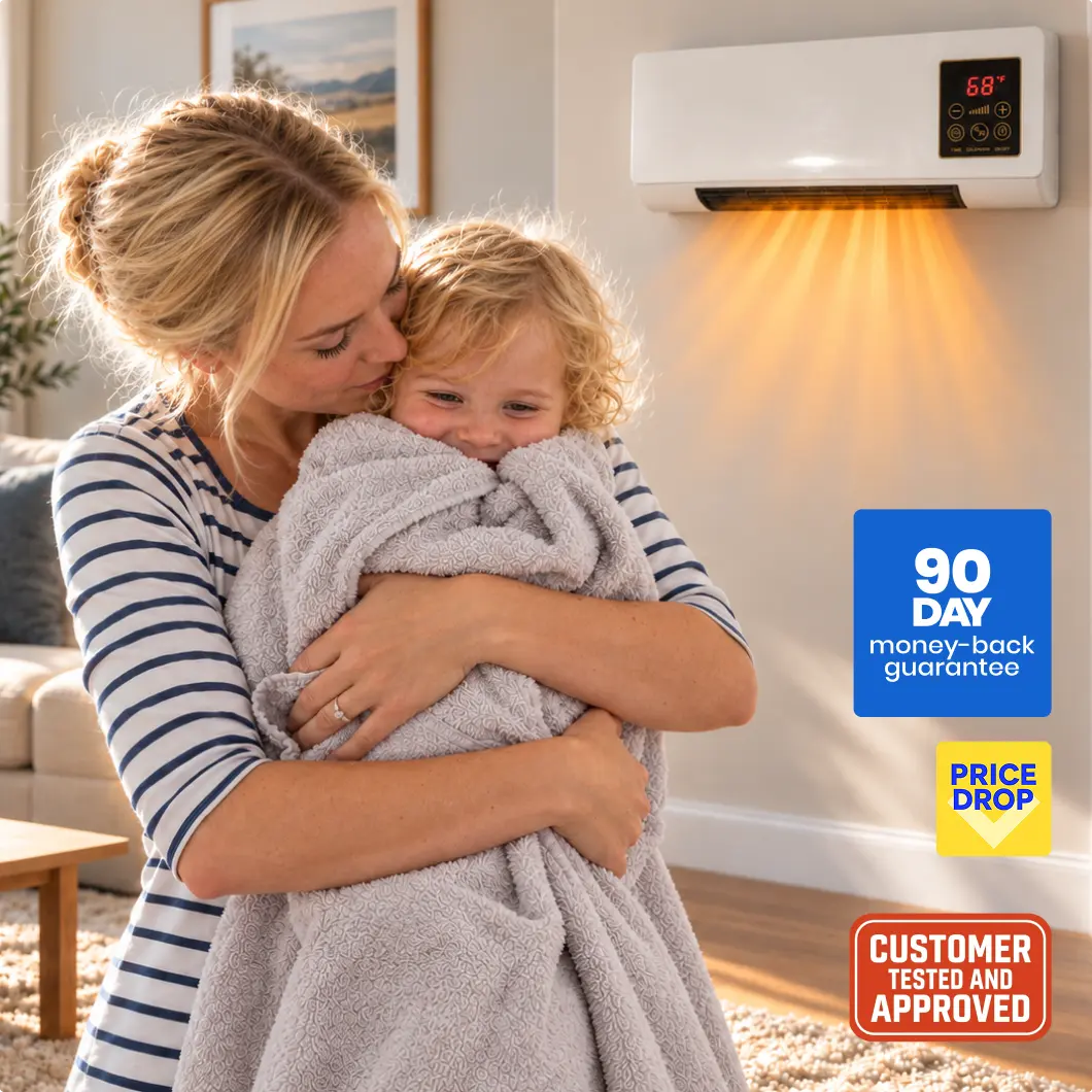 Mother and child wrapped in a blanket in a warm living room