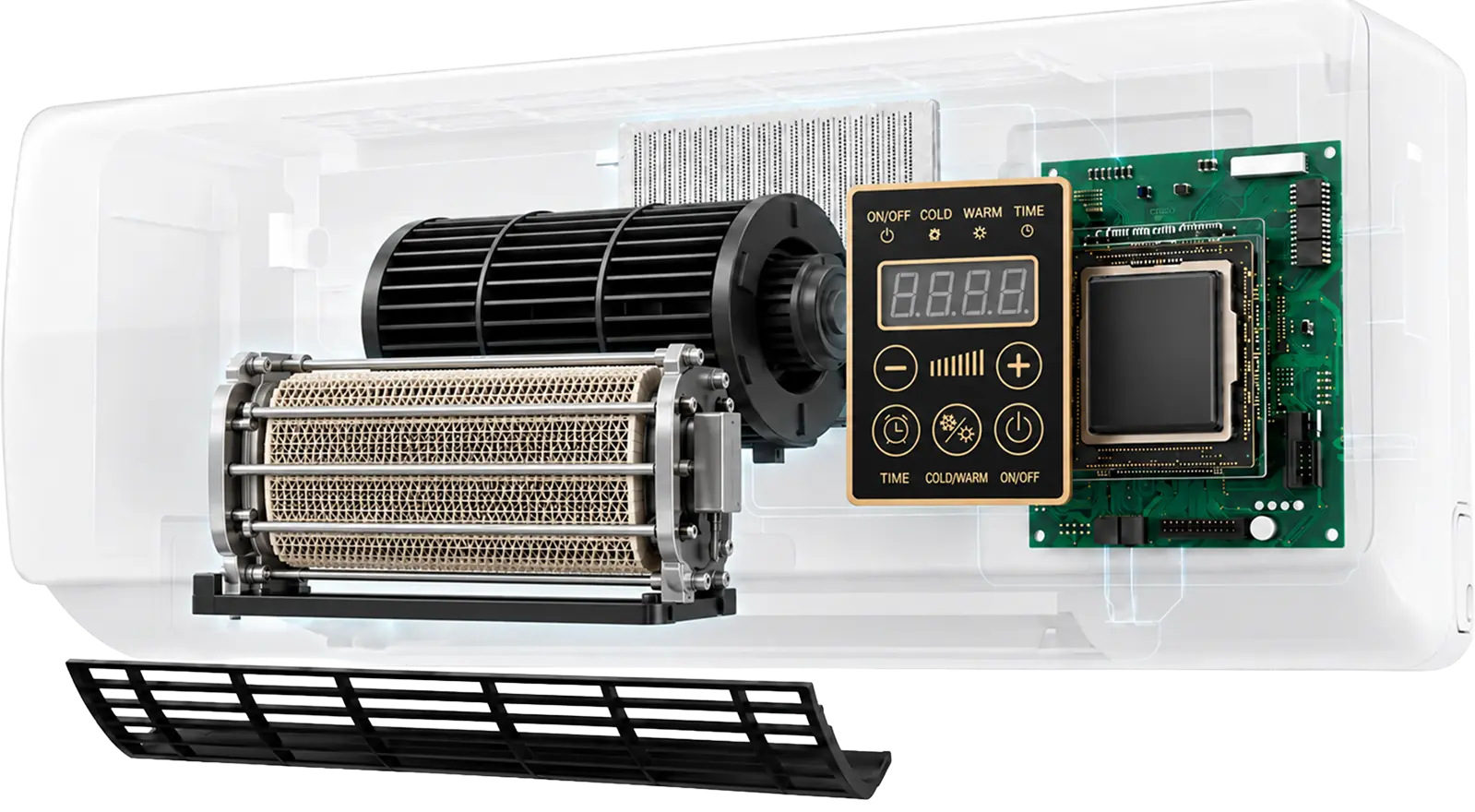 Inside Cozy Cove Pro: fan, ceramic heating element and control board